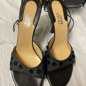 Versace Black Satin Open-Toe Ankle-Tie Heels